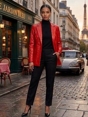 Nanette Lepore Red Textured Glossy Coated Blazer Jacket Single Button